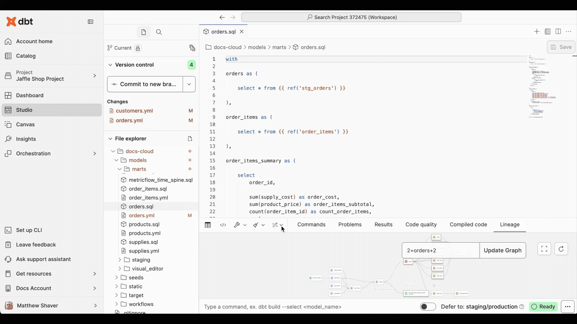 Example of using dbt Copilot to generate documentation in the IDE