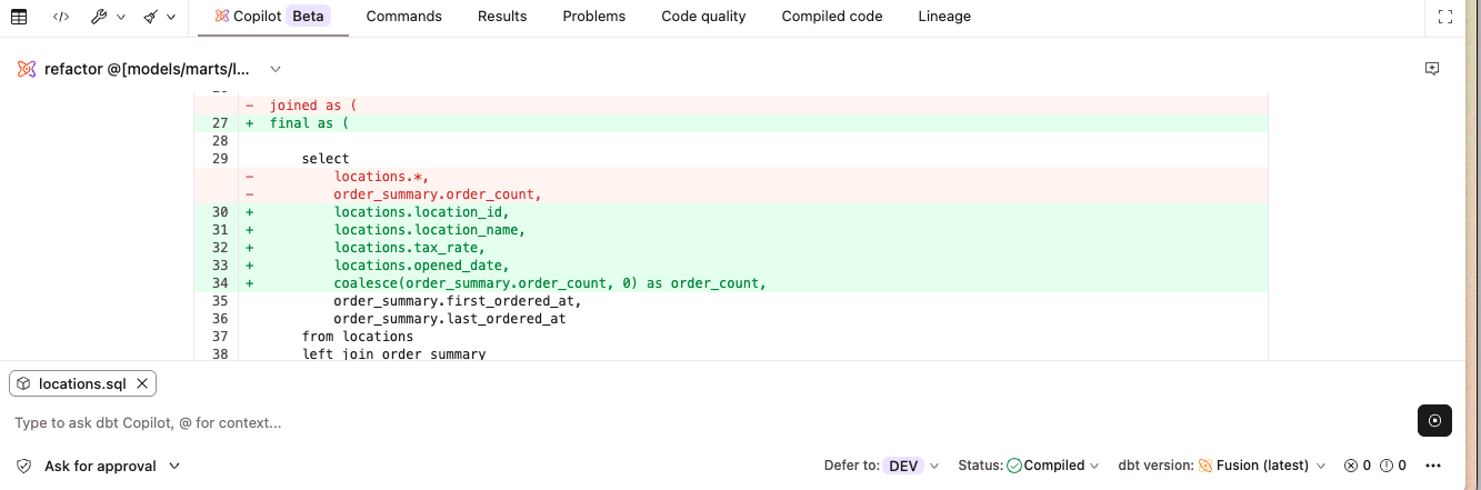 The Developer agent displaying a diff of proposed YAML changes with line indicators and copy/open options.